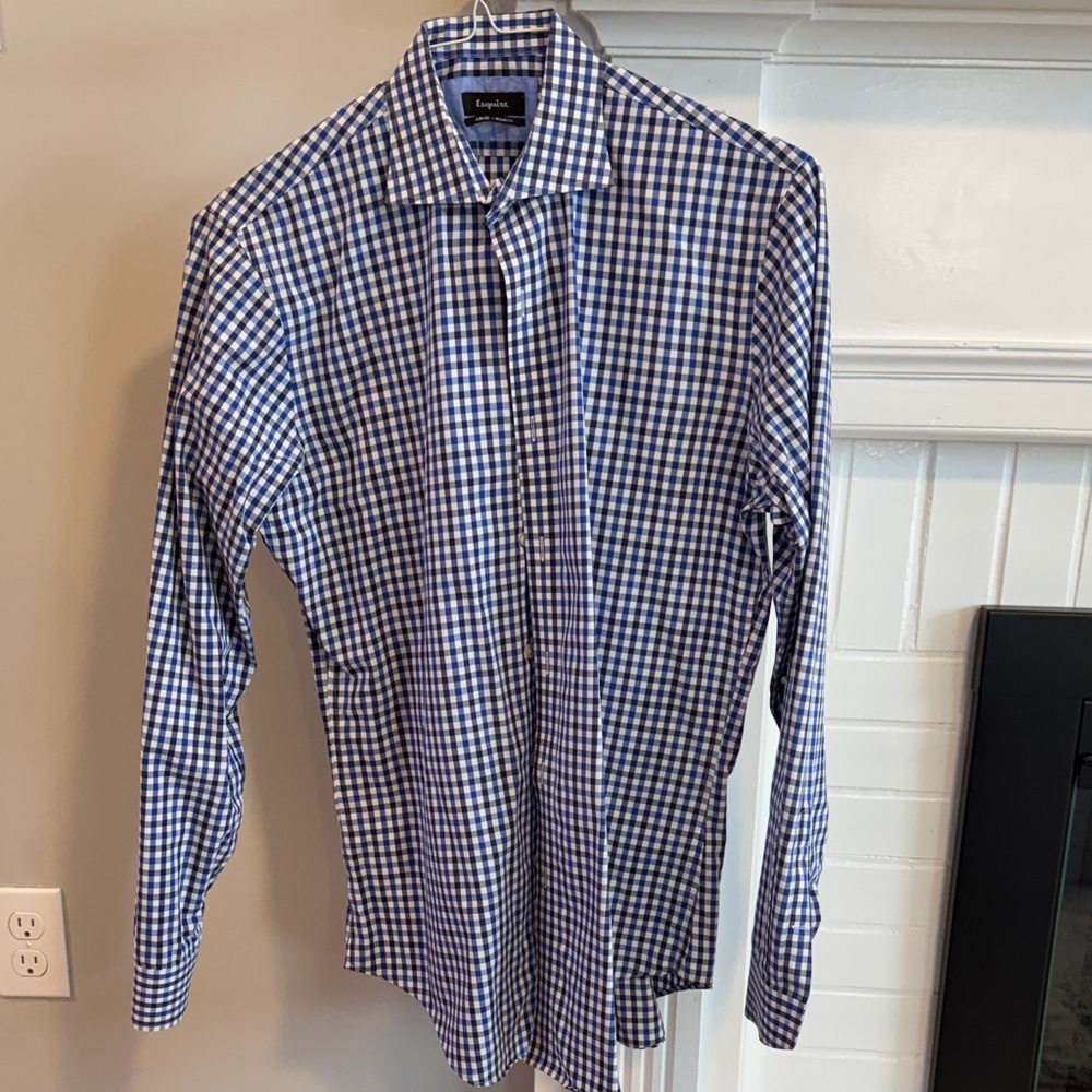 Esquire Men's Blue, Navy, and White Gingham Shirt 15.5 34/35